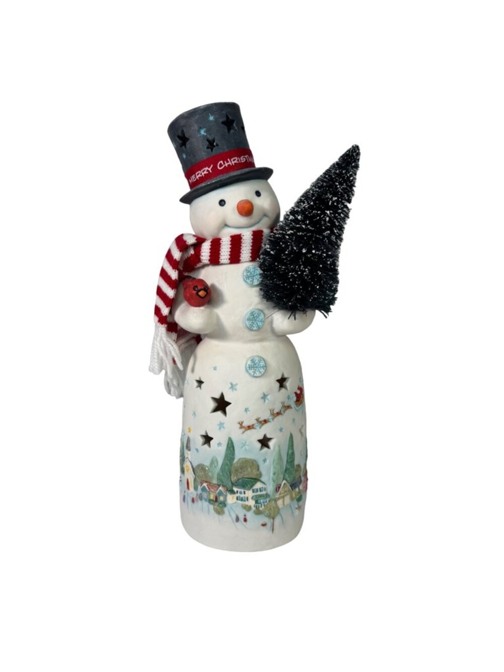 2012 Hallmark Snowman Tea Light Holder With Christmas Village Scene & Scarf
